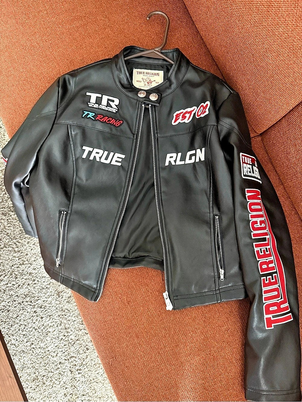 True Religion Panel Moto Faux Leather Jacket Black & Red Small